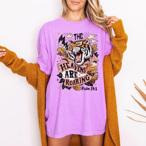 Christian Woman Comfort Colors Tshirt, Neon Violet, Tiger Faith Tee, The Heavens are Roaring T-shirt Psalm 19:1