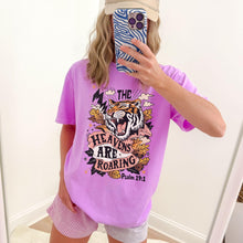 Load image into Gallery viewer, Christian Woman Comfort Colors Tshirt, Neon Violet, Tiger Faith Tee, The Heavens are Roaring T-shirt Psalm 19:1