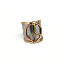 Load image into Gallery viewer, Mixed metal cuff ring, 3/4 inche wide, adjustable, peace sing, boho