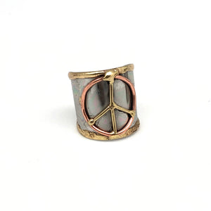 Mixed metal cuff ring, 3/4 inche wide, adjustable, peace sing, boho