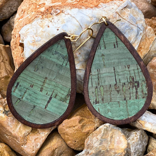 Wood and Teal Cork Teardrop Earrings