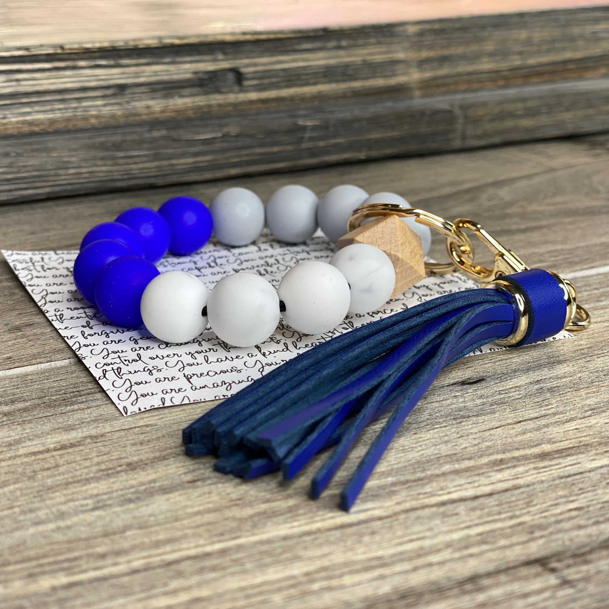 Handmade Blue, Gray, and Marbled White Silicone Bead Bangle Gold Keychain  with Large Blue Tassel