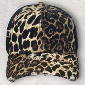 Leopard Print Lightly Distressed Mesh Trucker Cap