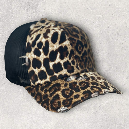 Leopard Print Lightly Distressed Mesh Trucker Cap