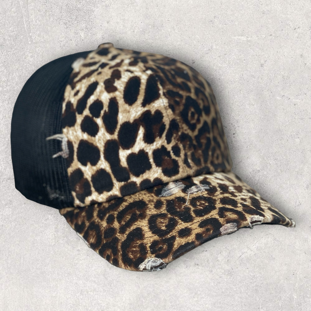 Leopard Print Lightly Distressed Mesh Trucker Cap