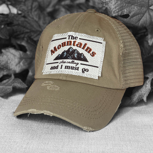 Khaki, The Mountains are Calling and I Must Go, Raggy Patch Trucker Hat