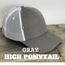 Load image into Gallery viewer, Game Day, Gray and White High Ponytail/Messy Bun Hat, Patch Trucker Hat