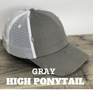 Game Day, Gray and White High Ponytail/Messy Bun Hat, Patch Trucker Hat