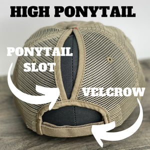 Game Day, Gray and White High Ponytail/Messy Bun Hat, Patch Trucker Hat