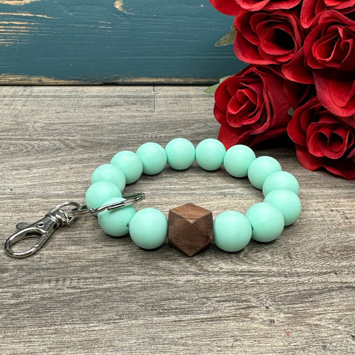 Mint Silicone and Wood Wristlet Keychain