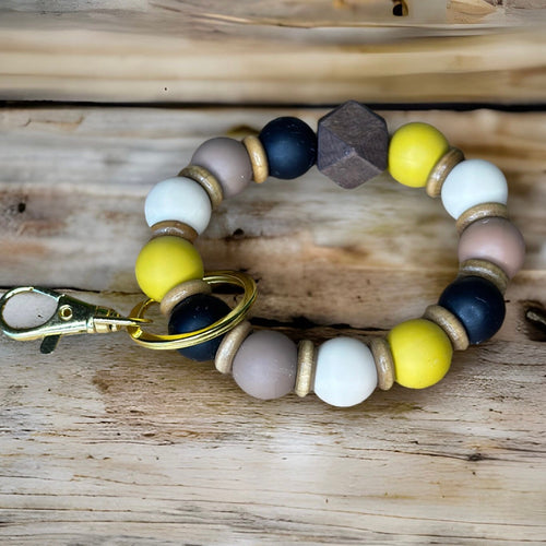 Gold, Black, Coffee, and Cream Wood Wristlet Keychain, Gold Hardware