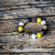 Load image into Gallery viewer, Gold, Black, Coffee, and Cream Wood Wristlet Keychain, Gold Hardware