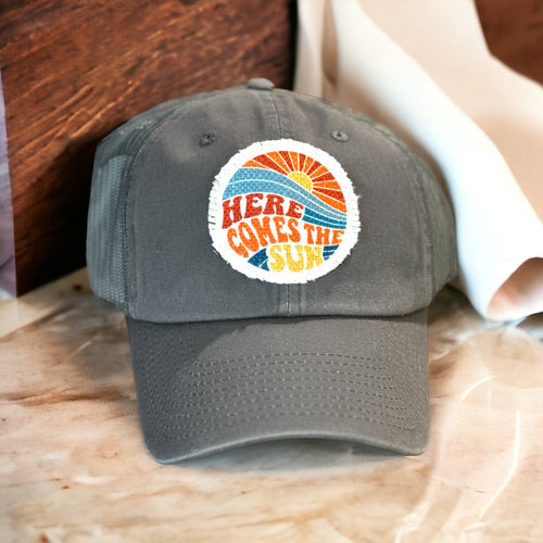 Here Comes the Sun - Frayed Patch - Dark Gray - Non distressed Mesh Baseball Hat - Unisex Baseball Hat - Handmade Patch Hat - Raggy Patch