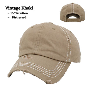 Vintage distressed Khaki dad hat with velcro closure and white stitching.