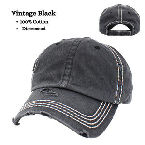 Vintage distressed black dad hat with velcro closure and white stitching.