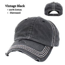 Load image into Gallery viewer, Vintage distressed black dad hat with velcro closure and white stitching.