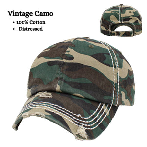 Vintage distressed camo dad hat with velcro closure and white stitching.