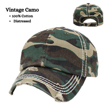 Load image into Gallery viewer, Vintage distressed camo dad hat with velcro closure and white stitching.