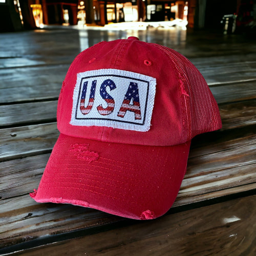 USA, Patriotic, Patch Hat, Mesh Trucker Hat, Choose Red or Black