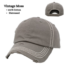 Load image into Gallery viewer, Vintage distressed moss dad hat with velcro closure and white stitching.