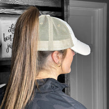 Load image into Gallery viewer, High Ponytail Hat - Baseball Game Day Patch Hat, Unstructured Hat, Low Profile Hat, Baseball Mom Hat - Choose Hat Color