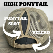 Load image into Gallery viewer, Backside of the high ponytail hat showing the ponytail slot and velcro strap closure.