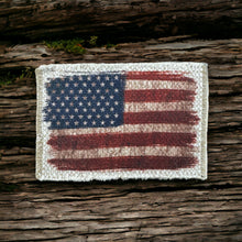 Load image into Gallery viewer, Rustic American flag printed on tan polyester fabric that is frayed on the edges. It&#39;s a patch for a hat.