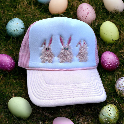 Pink and White Mesh, Fuzzy Bunnies Embroidered, Trucker Hat