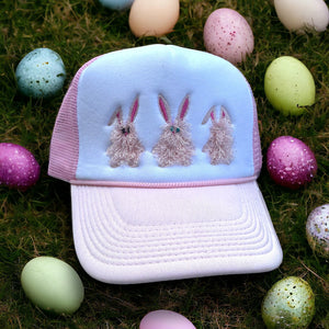 Pink and White Mesh, Fuzzy Bunnies Embroidered, Trucker Hat