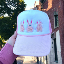 Load image into Gallery viewer, Pink and White Mesh, Fuzzy Bunnies Embroidered, Trucker Hat