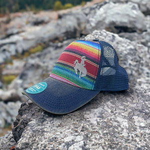 Western colorful striped trucker hat with bucking horse and cowboy embroidered on the right front side.