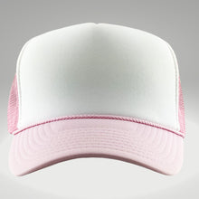 Load image into Gallery viewer, Pink and White Mesh, Fuzzy Bunnies Embroidered, Trucker Hat