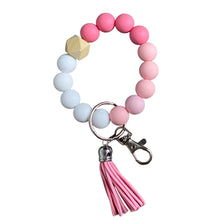 Load image into Gallery viewer, Dark pink, baby pink, and white silicone beads wristlet keychain with a light wood hexagon accent bead, pink tassel, and silver keyring